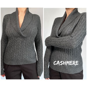 Lauren Ralph Lauren Womans Sweater Cashmere M Gray Cable Knit Shawl Collar